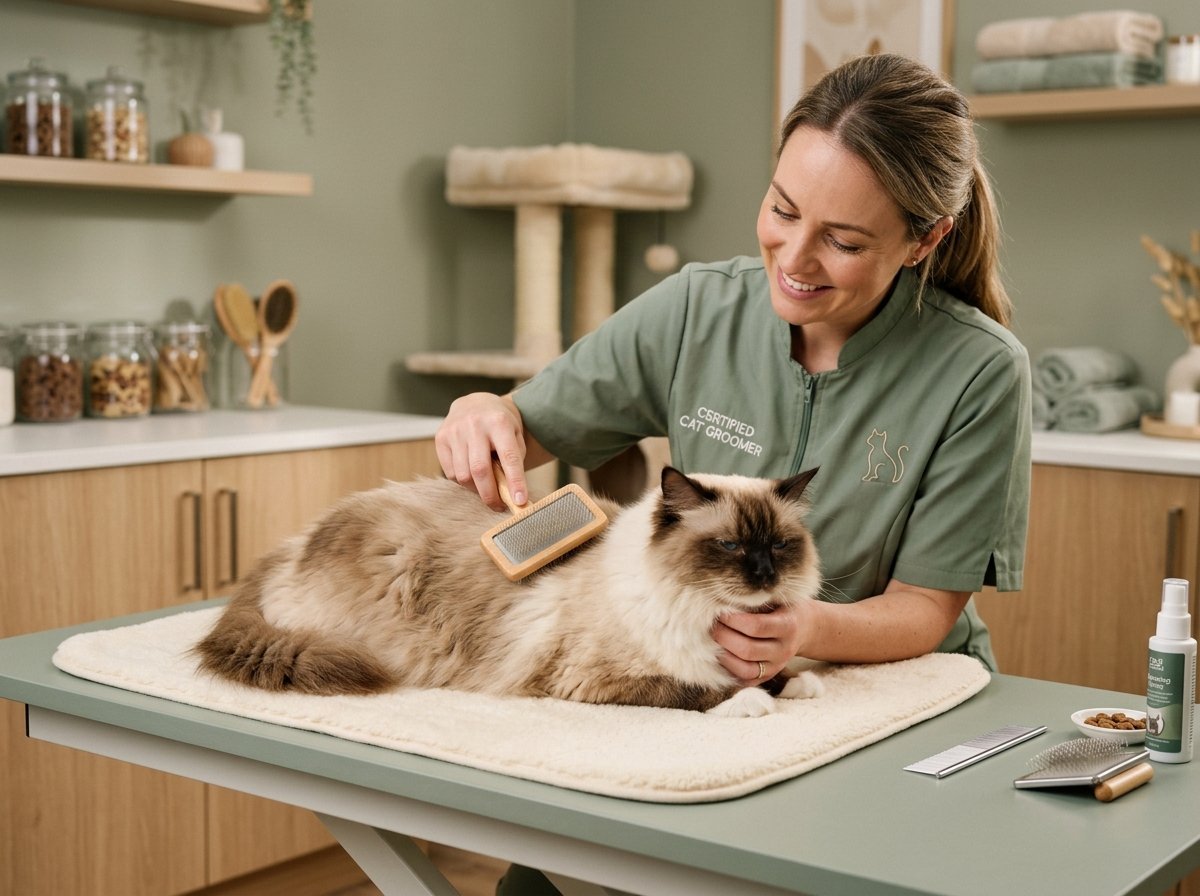 Long haired cat receiving professional brushing care