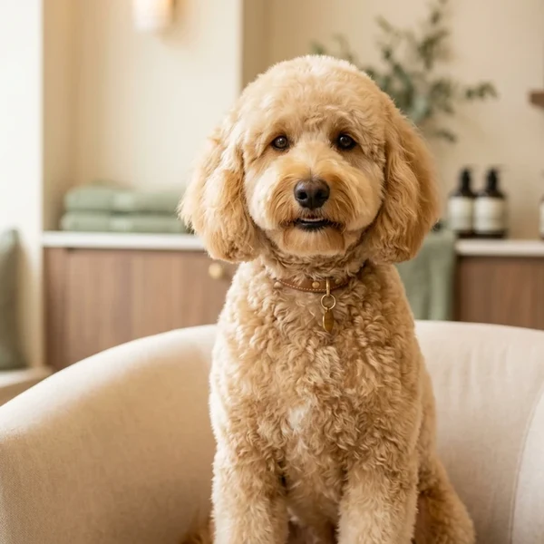 Fluffy sculpted Doodle teddy bear cut after grooming