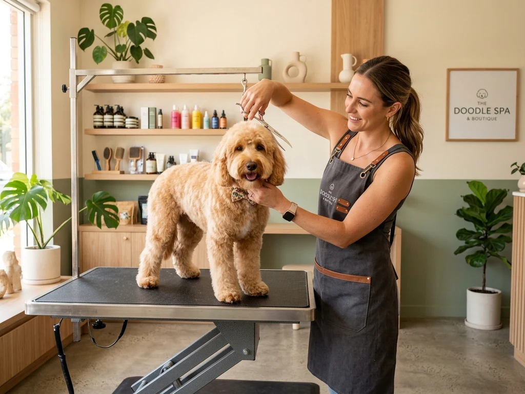 Professional pet groomer styling a groomed dog in modern salon