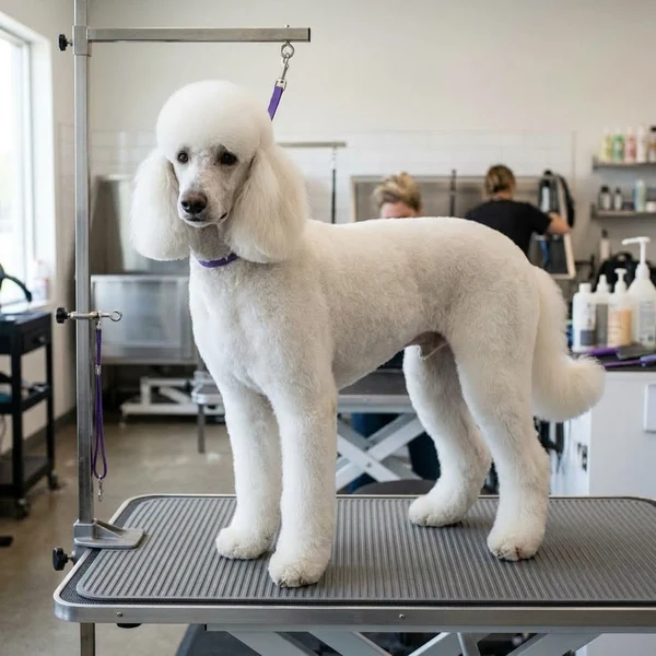 Pristine white Standard Poodle lamb clip with sculpted topknot