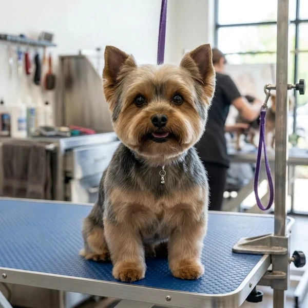 Neat Yorkie puppy cut after grooming with sharp ears and clean face