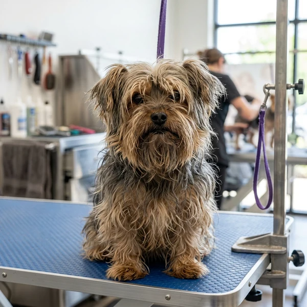 Scruffy Yorkie before grooming with facial hair covering eyes