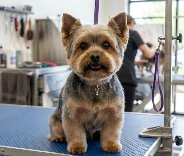 Close up of groomer carefully trimming a dogs nails with professional clippers